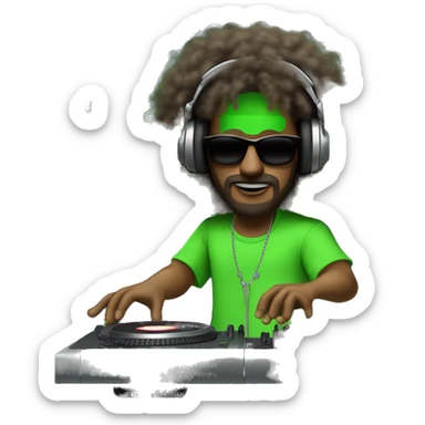 tall white dj man with long frizzy hair, shades, headphones and an electric green shirt on that says “CHANTS”, on a mixer turntable sticker