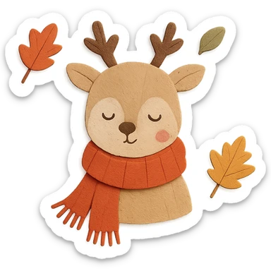 deer in a wooly scarf among falling leaves, cozy fall palette, paper-craft style sticker