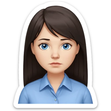 40 yr old woman, blue eyes, long straight dark brown hair, business shirt, chubby, bangs, long hair, tired sticker
