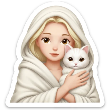 A beautiful woman wrapped in a blanket after taking a bath hugs a white cat sticker