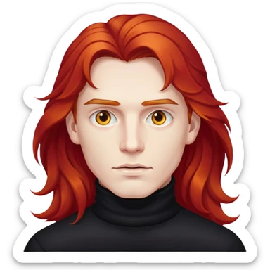 A man with pale skin, golden eyes and longy wavy blood red hair wearing a black wooly turtleneck.  sticker
