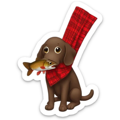 Chocolate brown colored doodle with a red and black flannel hankerchief holding a plush trout fish chew toy sticker