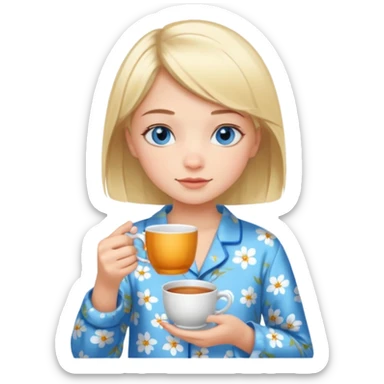 Blue eyed girl with short blond hair in floral pijamas is holding a cup of tea sticker