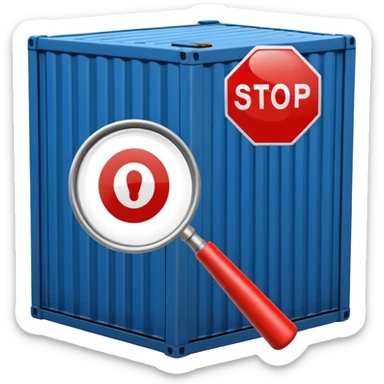 stop sign in front of a container, magnifying glass inspecting the container, customs inspection sticker