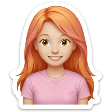 The girl with long orange hair is very happy. Make the girl similar with the reference picture. Change her sweat. Make it pastel pink t-shirt. sticker