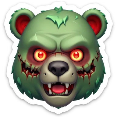 zombie bear portrait, head and shoulders only, cracked skin, stitched scars, glowing red-green eyes, powerful undead beast vibe, 3D cartoon, mobile game icon style, clean background, no text, no watermark
 sticker