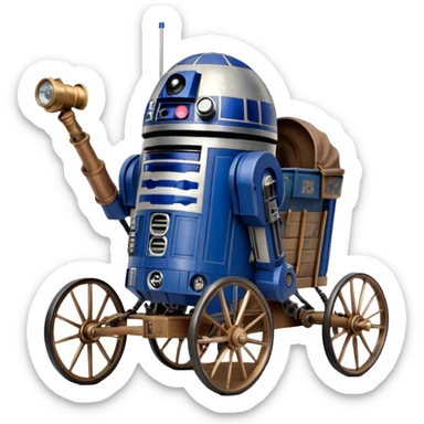 Action in Old American West tarnished R2D2 bounty policeman in 1854 delicately ornate rosegold accents painted buggy wagon powered by electric motors and batteries with safety features and belts flying rapidly across rough dusty terrain stable on strong agile futuresteampunk suspension and steering  sticker