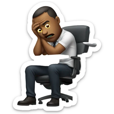 man sitting at a wooden work desk in office chair slumped and looking frustrated sticker