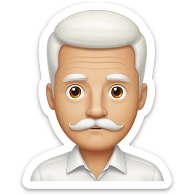 man with oval-shaped flat-top head, bushy white mustache, wearing a white shirt with three white buttons sticker