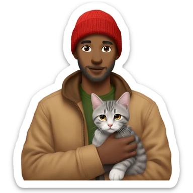 white 28 year old man with gray hair red beanie, and tan carhartt coat on holding a tabby cat in a home office sticker