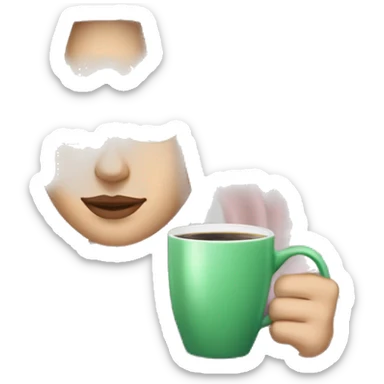 A pretty white girl with very long black hair and green eyes in a light pink blanket sipping coffee sticker