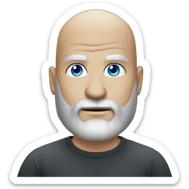 Bald guy with blue eyes and dark beard and a heavy metal t-shirt sticker