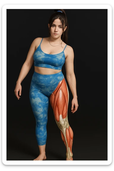 Create a realistic anatomical illustration inspired by the reference photo of the woman in the same pose. Highlight the right leg (her right, on the left side of the image) as the weight-bearing leg, showing anatomical details such as muscles and bones visible only on that leg. The rest of the body should remain realistic. Emphasize the anatomical structures of the right leg clearly with a realistic style. sticker