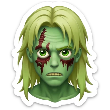 handsome male zombie with green skin, dirty blonde long anime hair, green eyes, facing forward, iOS emoji style sticker
