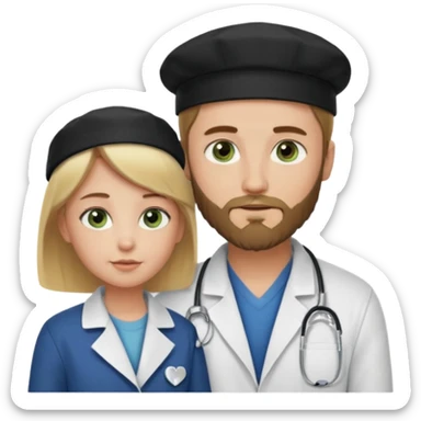 a blonde bearded guy wearing black cap, tall, fair skinned, brown eyes,  looking into the girls eyes who is short than him having green eyes and brown hair, who is in love with the guy, girl is wearing a lab coat, guy is wearing a brown jacket and blue jeans sticker