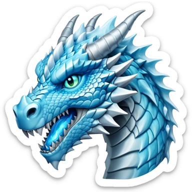 Cinematic Noble Fierce Ice Dragon Portrait Emoji, Poised and imposing, with a muscular, scaled body shimmering in glacial hues of icy blue, frostbitten silver, and crystalline white, and piercing, glowing eyes that radiate the chilling depths of an arctic storm; rendered in detail. sticker