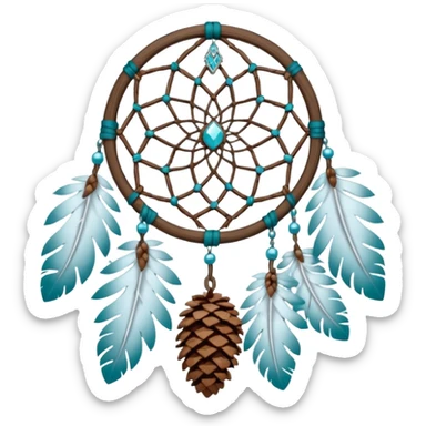 Winter-themed snow-covered spruce pine wooden pinecone dreamcatcher with white feathers, silvery chains and teal leaves sticker
