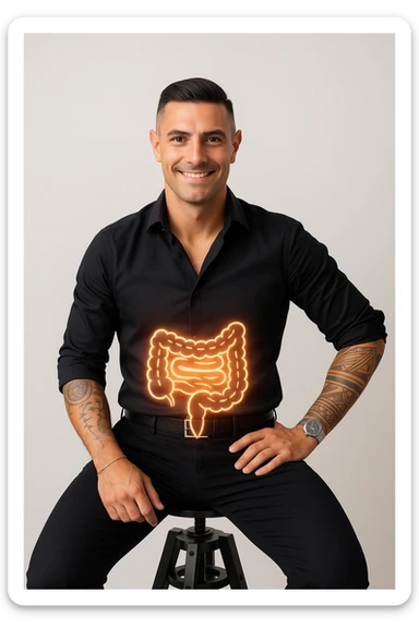 Vertical format: a smiling man with a healthy and confident appearance, featuring stylized glowing intestine symbols or positive energy in the abdominal area, conveying an atmosphere of wellness and health. sticker