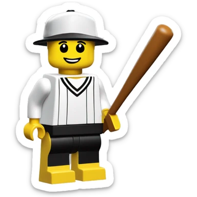 Yellow skin with a white t shirt and black pants Lego minifigure with a classic lego baseball cap sticker