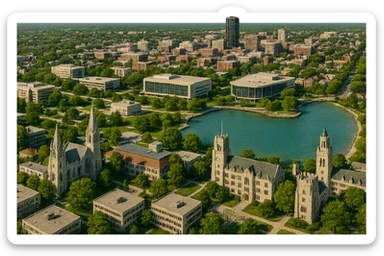 cinematic realistic emoji of Evanston, Illinois, city view with Northwestern University campus, Lake Michigan shoreline, downtown Evanston, and iconic university buildings, lifelike detail, accurate colors, bright daytime, no sky, no clouds, transparent background sticker