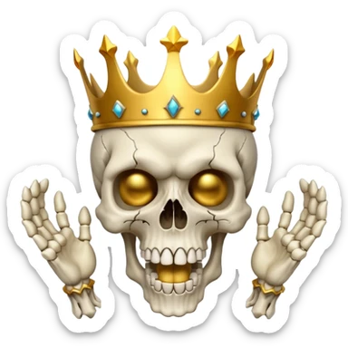 Demonic 3D skull holding its head by its two hand in shock, mouth open, wearing a golden crown, horror vibe sticker