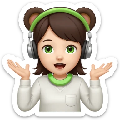 Chibi girl, dark brown hair, green eyes, wearing a white shirt and small brown bear ears on a headset, with wide happy surprised eyes and mouth and clapping excitedly sticker
