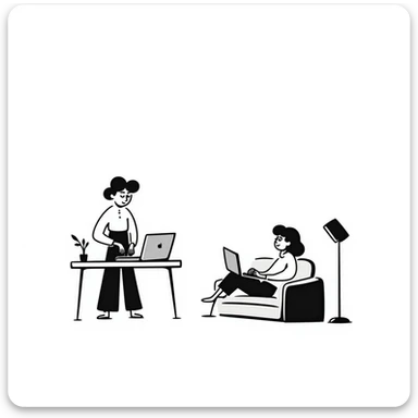 escenary 3d of a cozy mid-century living room with two people working on laptops, one man standing at a desk and one woman sitting on a couch, two walls and floor visible sticker