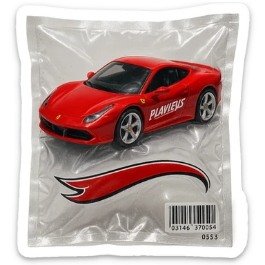 red Ferrari in Hot Wheels packaging, 'PLAVLEYS' in stylized racing script on the door, glossy vacuum-sealed style sticker