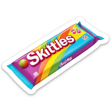 A 90s American Skittles candy package with bold colors, retro design elements, original 90s packaging with bright rainbow colors sticker