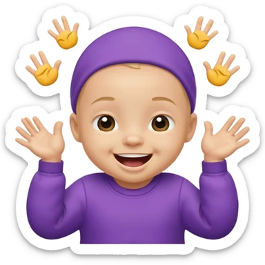 A baby wearing a purple onesie, laughing joyfully. hands down sticker