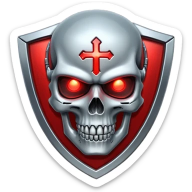 Sci-fi shield badge, terminator style skull, glowing red eyes, crossed futuristic sable and energy sword, no background sticker