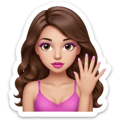 girl with long wavy brown hair, brown eyes, light to medium complexion, in a pink sexy top, pink puckered lips, long lashes, showing a manicure sticker