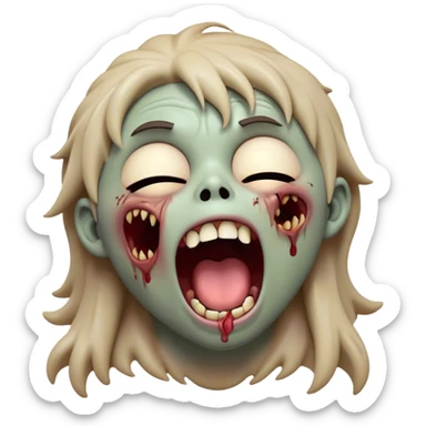 Cinematic Cute Yawning Zombie Portrait Emoji, with a delightfully quirky, slightly disheveled face in muted ashen tones, head tilted back in a big, funny yawn that reveals quirky stitches and playful gaps, simplified yet irresistibly charming, highly detailed with a soft, eerie glowing outline capturing the sleepy, offbeat vibe of a zombie taking a nap! sticker