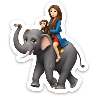 French woman with long brown hair, with a monkey on her shoulder, riding an elephant sticker