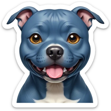 Cinematic Comical Blue Staffordshire Bull Terrier Portrait Emoji, Head tilted dramatically with an exaggeratedly amused expression, featuring a striking blue Fur with a subtle shimmer, wide, expressive dark eyes filled with playful disbelief, Simplified yet hilariously expressive features, highly detailed, glowing with a slightly sassy glow, high shine, dramatic yet playful, stylized with an air of cheeky mischief, bright and endearing, soft glowing outline, capturing the essence of a spirited and over-the-top guardian, so meme-worthy it feels like it could side-eye its way into internet fame instantly! sticker