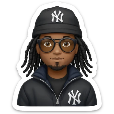African American man brown skin complexion with black dreadlocks shoulder length wearing black bubble winter coat wearing black sunglasses wearing a New York Yankees fitted baseball hat sticker