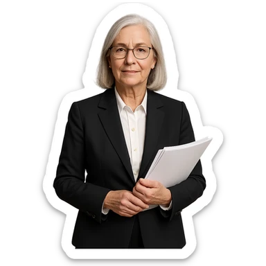 72-year-old professional woman holding documents, neat attire, confident expression sticker