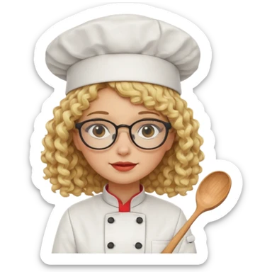 blonde girl with curly hair and glasses with a Mexican hat and chefs uniform sticker