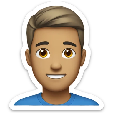 a young adult man, with blue t shirt, smiling brightly, natural beige skin, straight short hair, thinking about money sticker