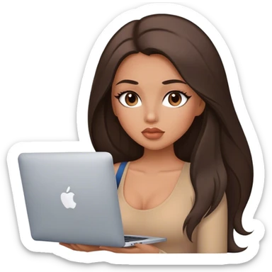 Glamours tanned very beautiful girl with big pump peach lips and dark chocolate straight smooth long hair, blue-grey eyes in brown/beige bodysuit with MacBook sticker