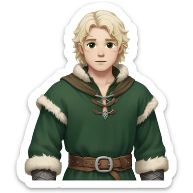 Medieval winter outfit worn by a DnD themed fantasy male character. Double-layered forest green wool tunic with bear fur lining, decorated with pewter toggle closures and a thick woven belt. Clothes only above the waist, full waist coverage. The character has no arms. Character is white-skinned with pale blonde hair, steel gray eyes, and medium-length wavy hair with frost-tipped ends sticker