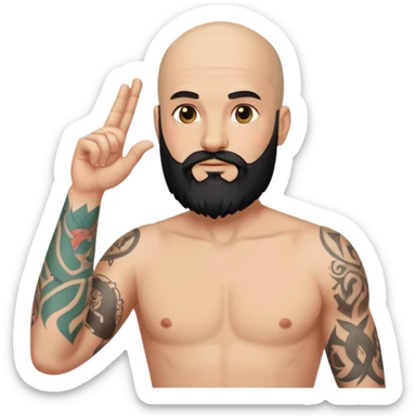 Bald man with black beard with tattoos raising his hand sticker