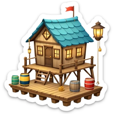 
fisherman house on a wooden pier, small dock, fishing nets hanging, barrels, lantern, ocean vibe, 3D cartoon, cute mobile game icon, clean background, no text
 sticker