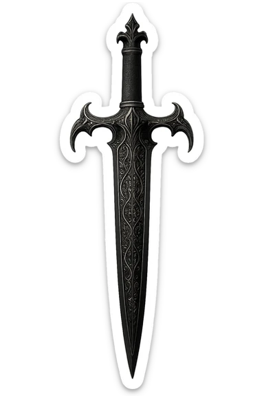 gothic ornate dagger, black blade with silver filigree, no background sticker