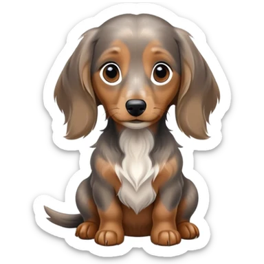 Long haired dapple mini dachshund, tan, gray & black sitting and wanting food  sticker