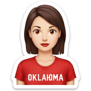 Brunette 40 year old woman in a red “OKLAHOMA” t-shirt sticker