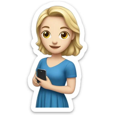 a white girl in a blue dress holding a cell phone sticker