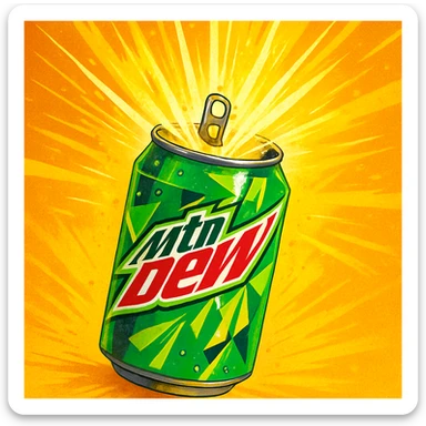 a can of Mountain Dew, vibrant and energetic, green and yellow colors, with sunshine rays bursting out when opened sticker