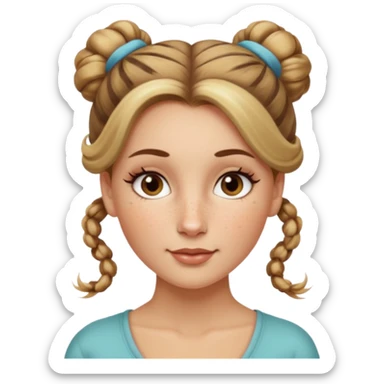 creative women with long dark Blond with highlights semi curly hair white women with hair in a top bun(one bun not two), oval shape face hazel eyes long lashes freckles on the nose high cheek bones sticker
