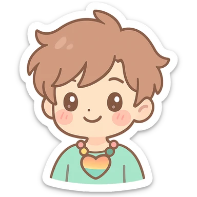 anime boy with stylish hair, wearing a heart-shaped rainbow necklace, blushing, cute and friendly sticker